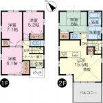 4LDK　2階にリビング（吹抜け）・水廻りのある間取りです。(間取)